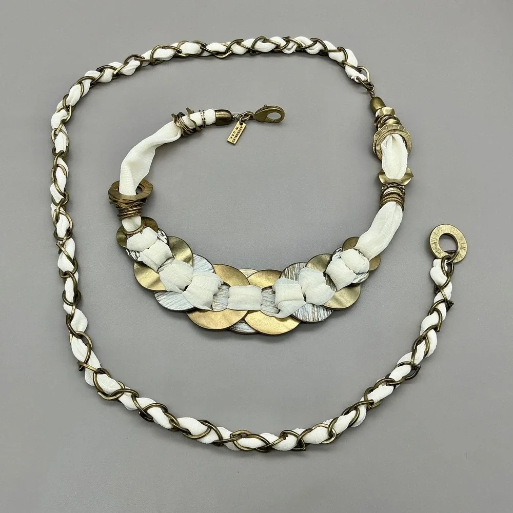 Chico's Belt Women Gold Tone White Fabric Chain Link Woven Medallion 44 Inches